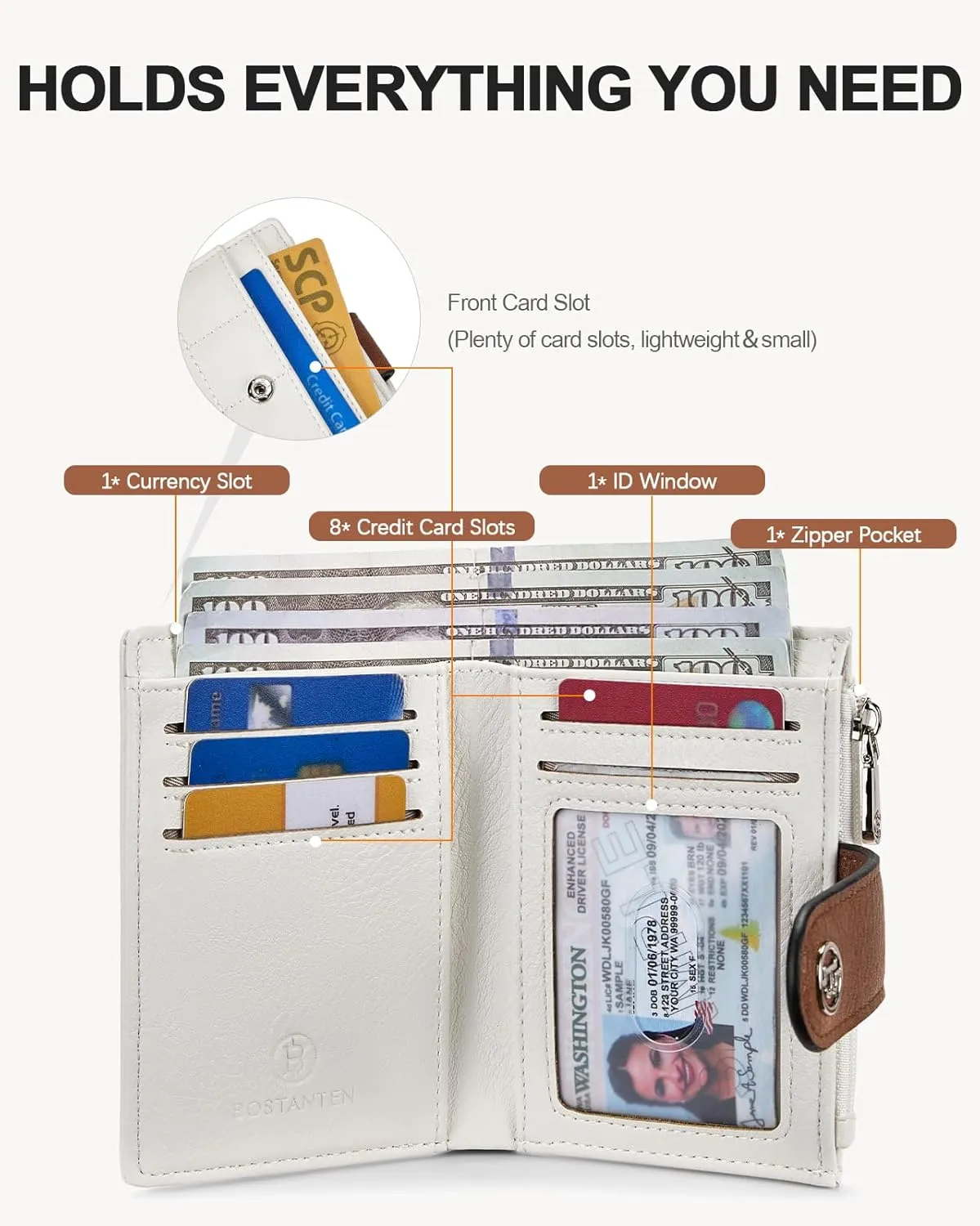 BOSTANTEN Small Wallet for Women Leather RFID Blocking Card Holder Bifold Compact Wallets With Zipper Coin Pocket Brown＆White