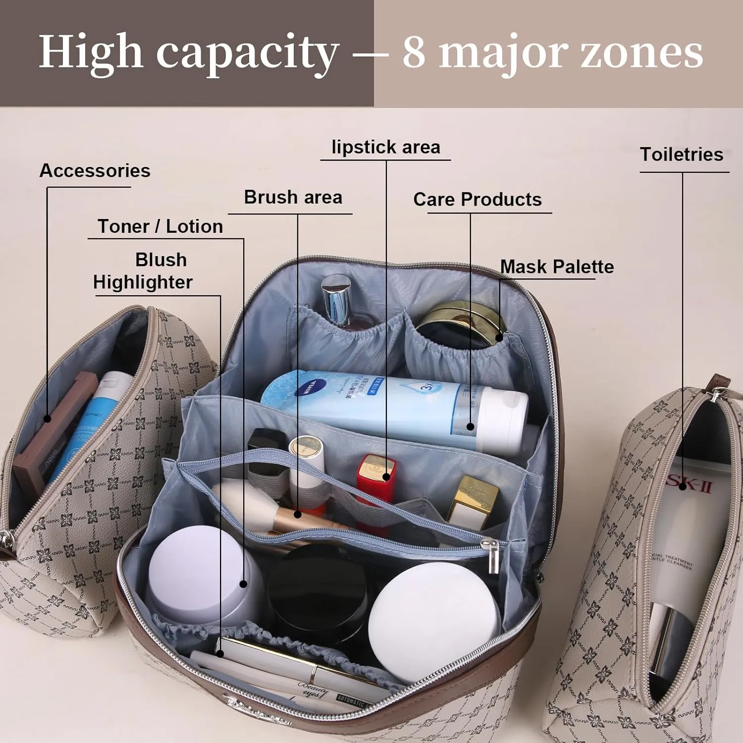 BOYATU Travel Makeup Bag Cosmetic Bags for Women: Large Make up Bags Set of 3 - Portable Makeup Organizer with Compartments&Handle&Divider - Waterproof PU Leather Toiletry Bag(01-Khaki)
