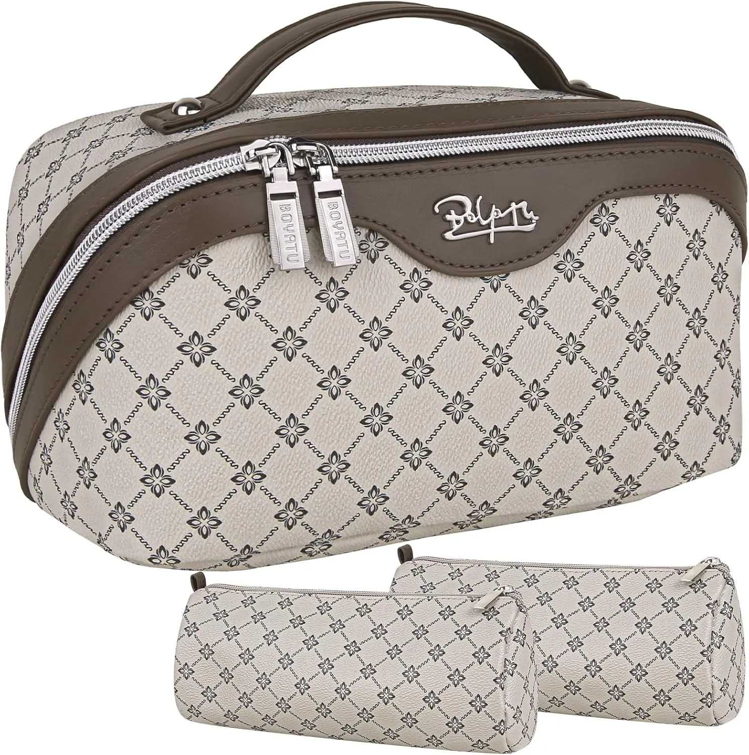 BOYATU Travel Makeup Bag Cosmetic Bags for Women: Large Make up Bags Set of 3 - Portable Makeup Organizer with Compartments&Handle&Divider - Waterproof PU Leather Toiletry Bag(01-Khaki)