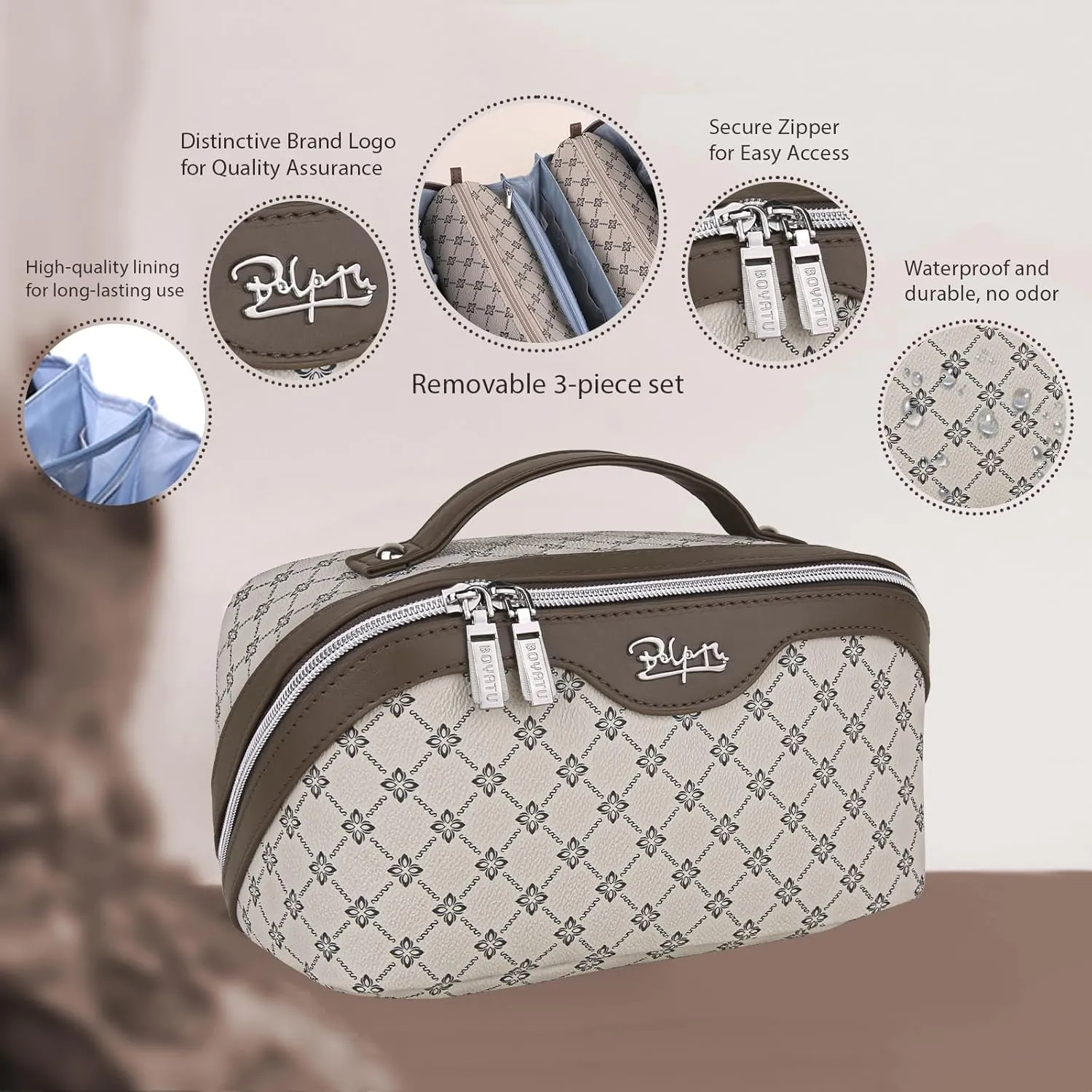 BOYATU Travel Makeup Bag Cosmetic Bags for Women: Large Make up Bags Set of 3 - Portable Makeup Organizer with Compartments&Handle&Divider - Waterproof PU Leather Toiletry Bag(01-Khaki)