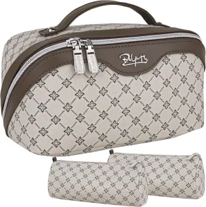 BOYATU Travel Makeup Bag Cosmetic Bags for Women: Large Make up Bags Set of 3 - Portable Makeup Organizer with Compartments&Handle&Divider - Waterproof PU Leather Toiletry Bag(01-Khaki)