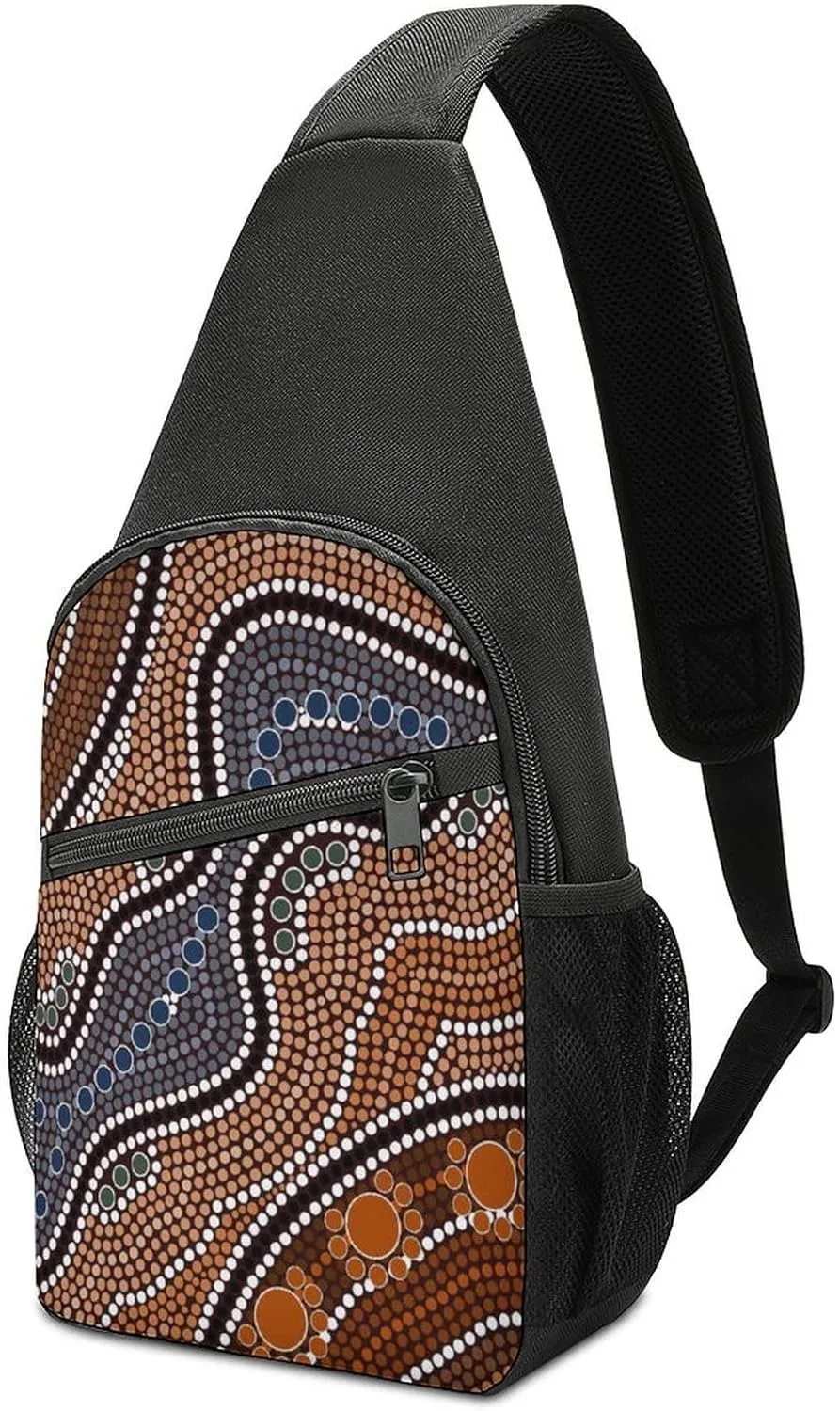 Brown African Tribal Aboriginal Ethnic Style Dots River Adjustable Fanny Waist Pack Pouch, Crossbody Durable Runners Bag Wallet for Sports Cycling Gym Hiking Fitness Women Men