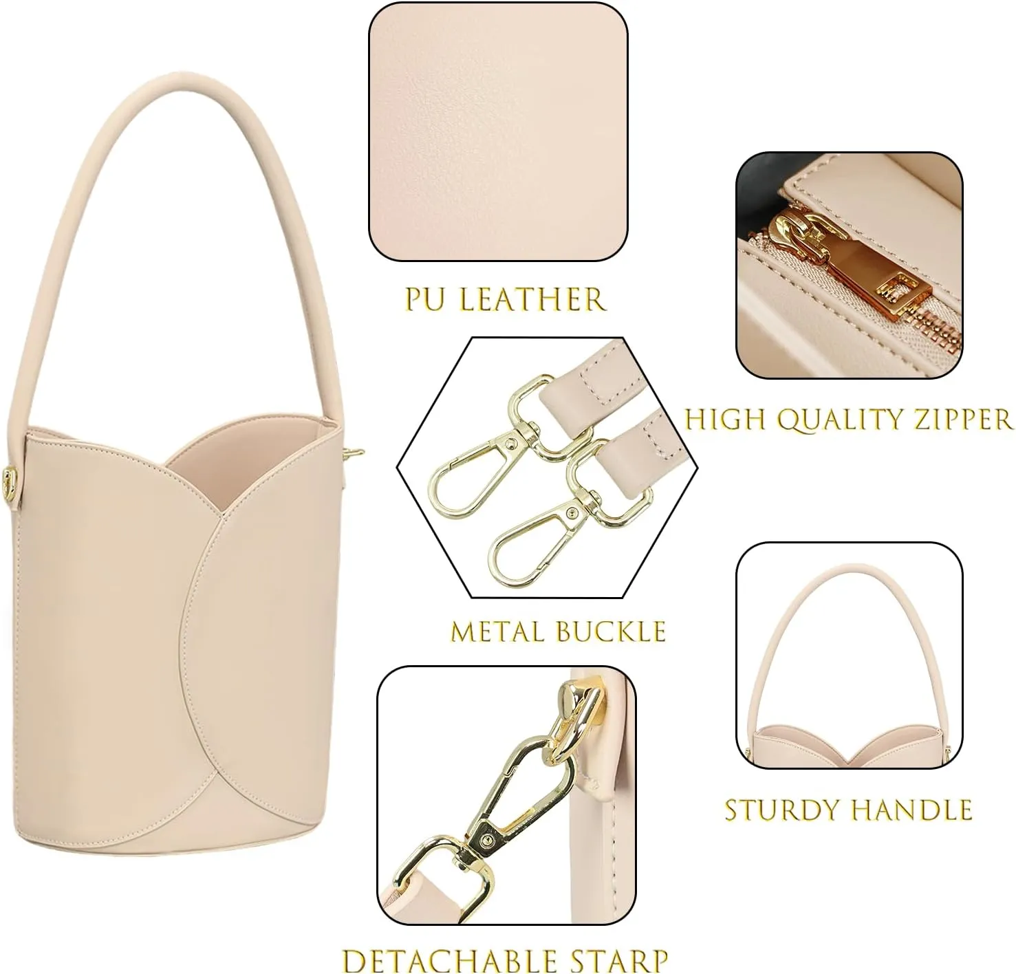 Bucket Bag for Women Vegan Leather Handbags with Removable Strap Small Shoulder Purse Crossbody Totes Bags