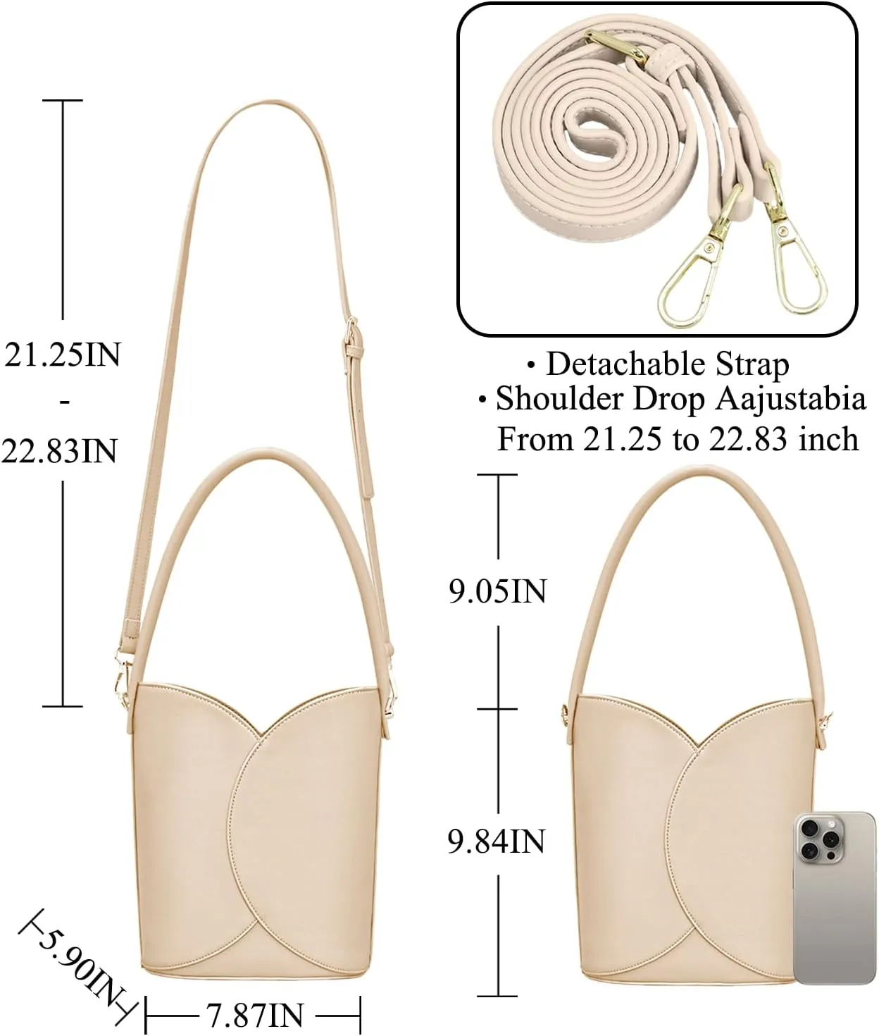 Bucket Bag for Women Vegan Leather Handbags with Removable Strap Small Shoulder Purse Crossbody Totes Bags