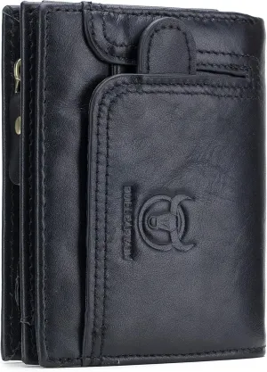 BULLCAPTAIN Men RFID Blocking Bifold Wallet Genuine Leather Card Holder Zipper Coin Purse (Black with zipper)