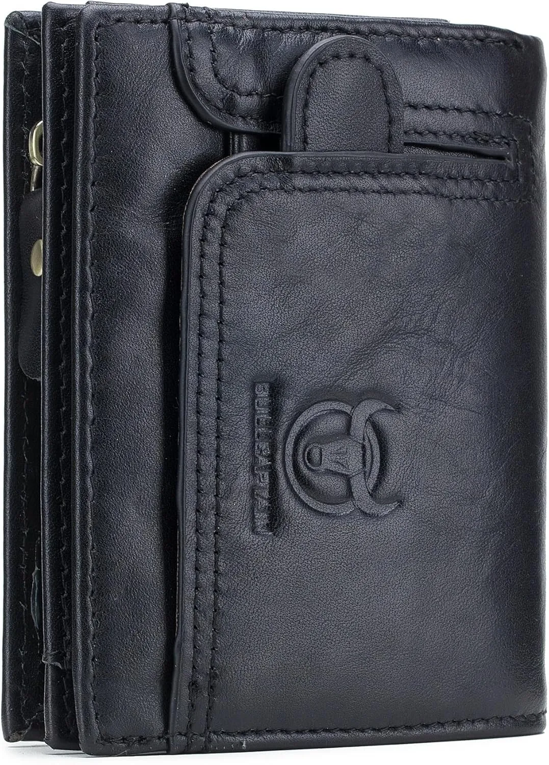 BULLCAPTAIN Men RFID Blocking Bifold Wallet Genuine Leather Card Holder Zipper Coin Purse (Black with zipper)