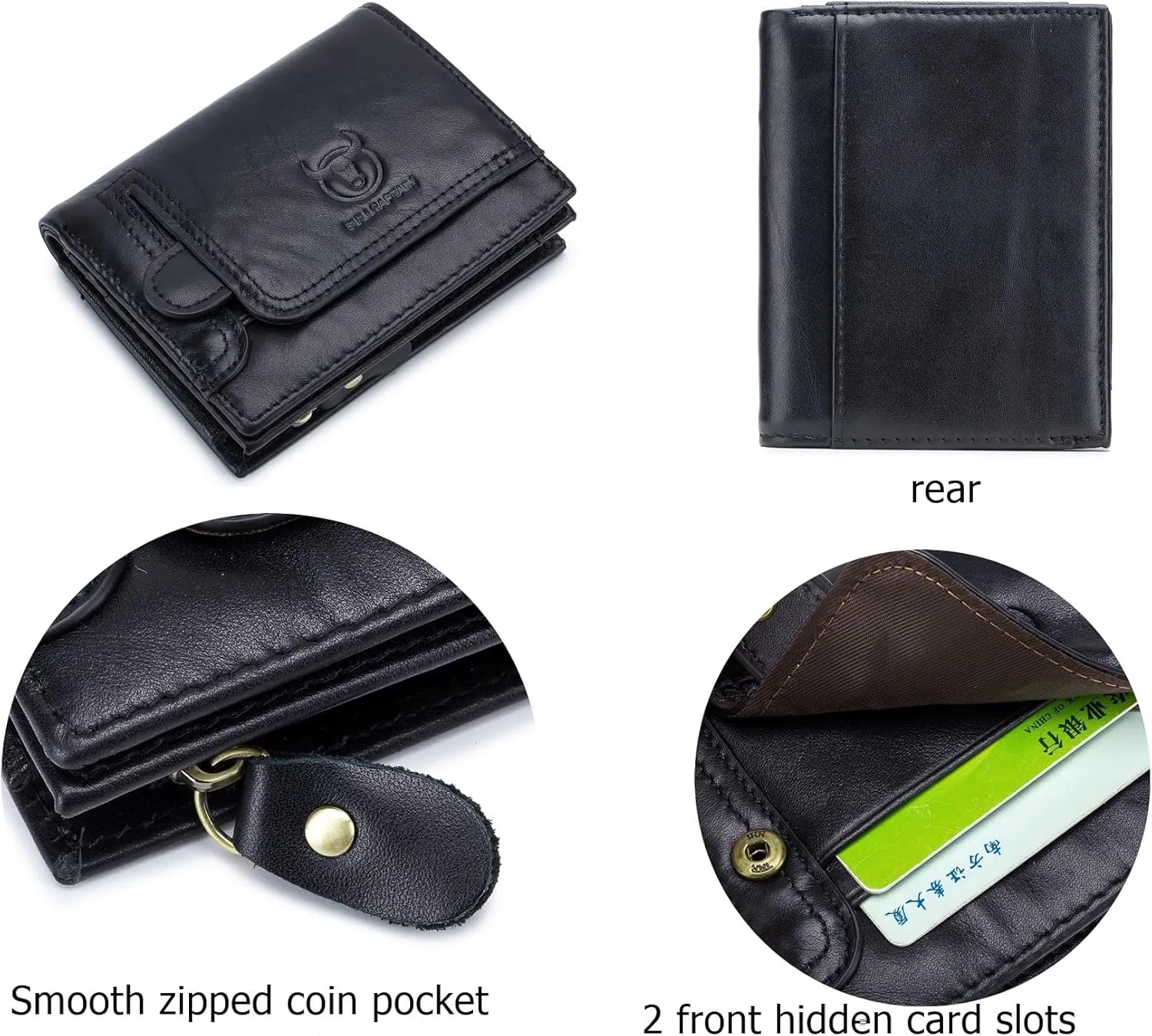 BULLCAPTAIN Men RFID Blocking Bifold Wallet Genuine Leather Card Holder Zipper Coin Purse (Black with zipper)