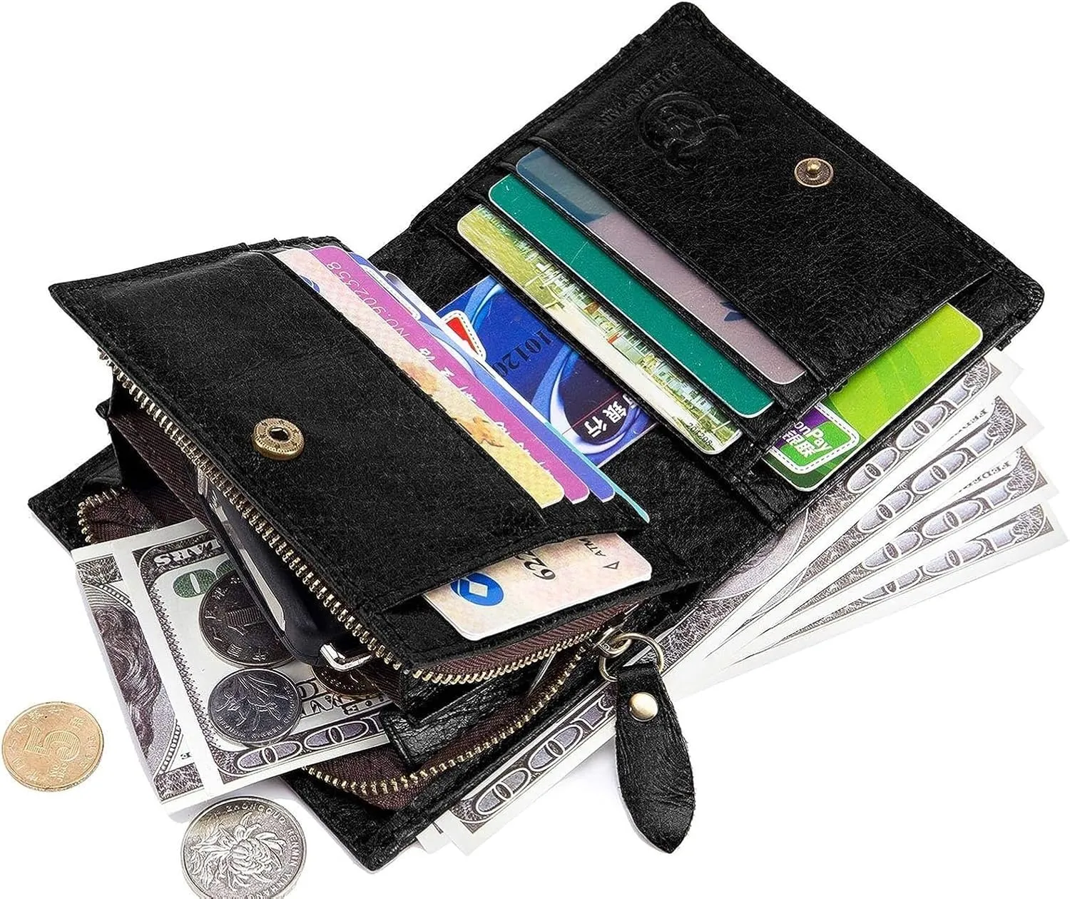 BULLCAPTAIN Men RFID Blocking Bifold Wallet Genuine Leather Card Holder Zipper Coin Purse (Black with zipper)