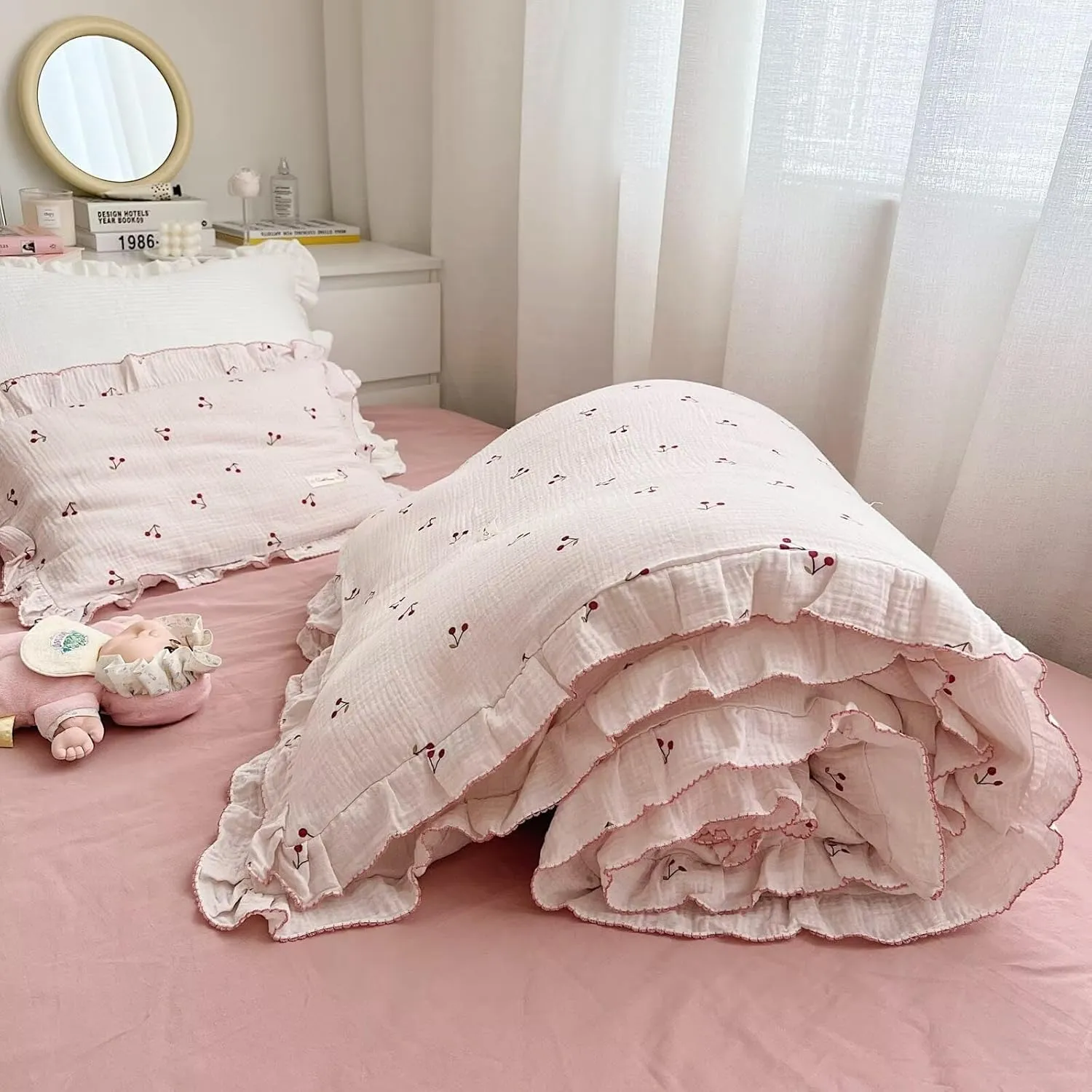 BuLuTu Crib Bedding Duvet Cover for Boys Girls Cotton Muslin Baby Crib Duvet Cover Nursery Bed Decoration Gift, 47"x59", Cherry Print (No Pillowcases)