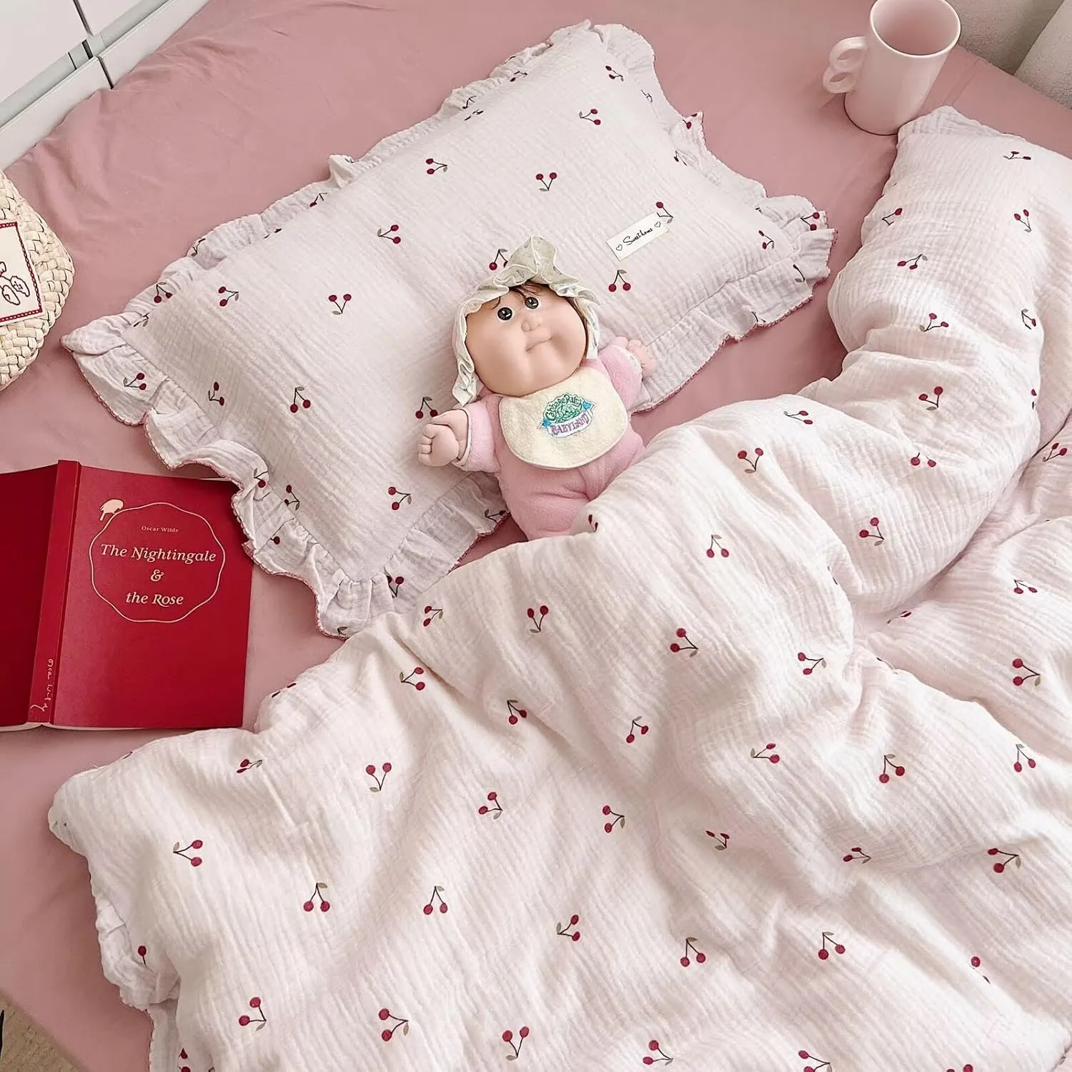BuLuTu Crib Bedding Duvet Cover for Boys Girls Cotton Muslin Baby Crib Duvet Cover Nursery Bed Decoration Gift, 47"x59", Cherry Print (No Pillowcases)