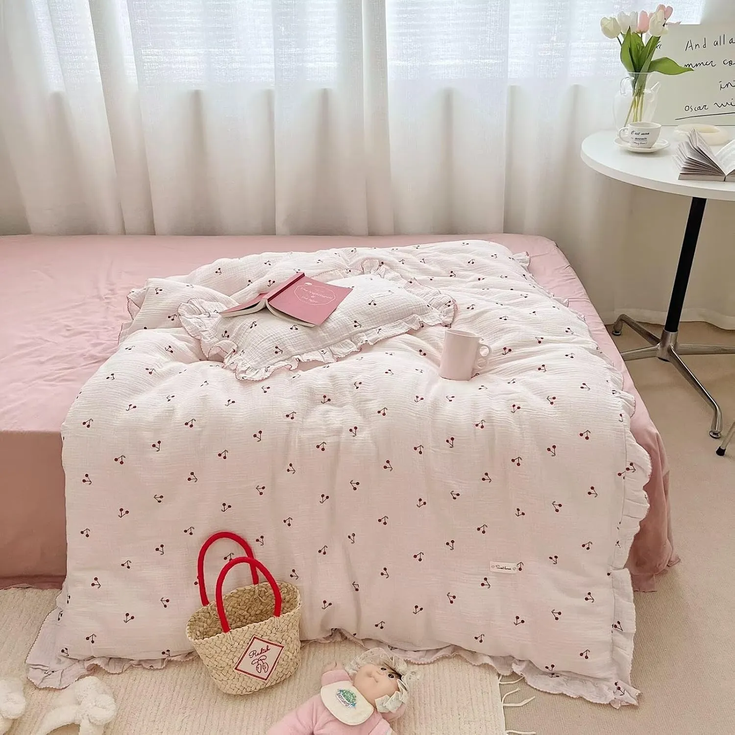 BuLuTu Crib Bedding Duvet Cover for Boys Girls Cotton Muslin Baby Crib Duvet Cover Nursery Bed Decoration Gift, 47"x59", Cherry Print (No Pillowcases)