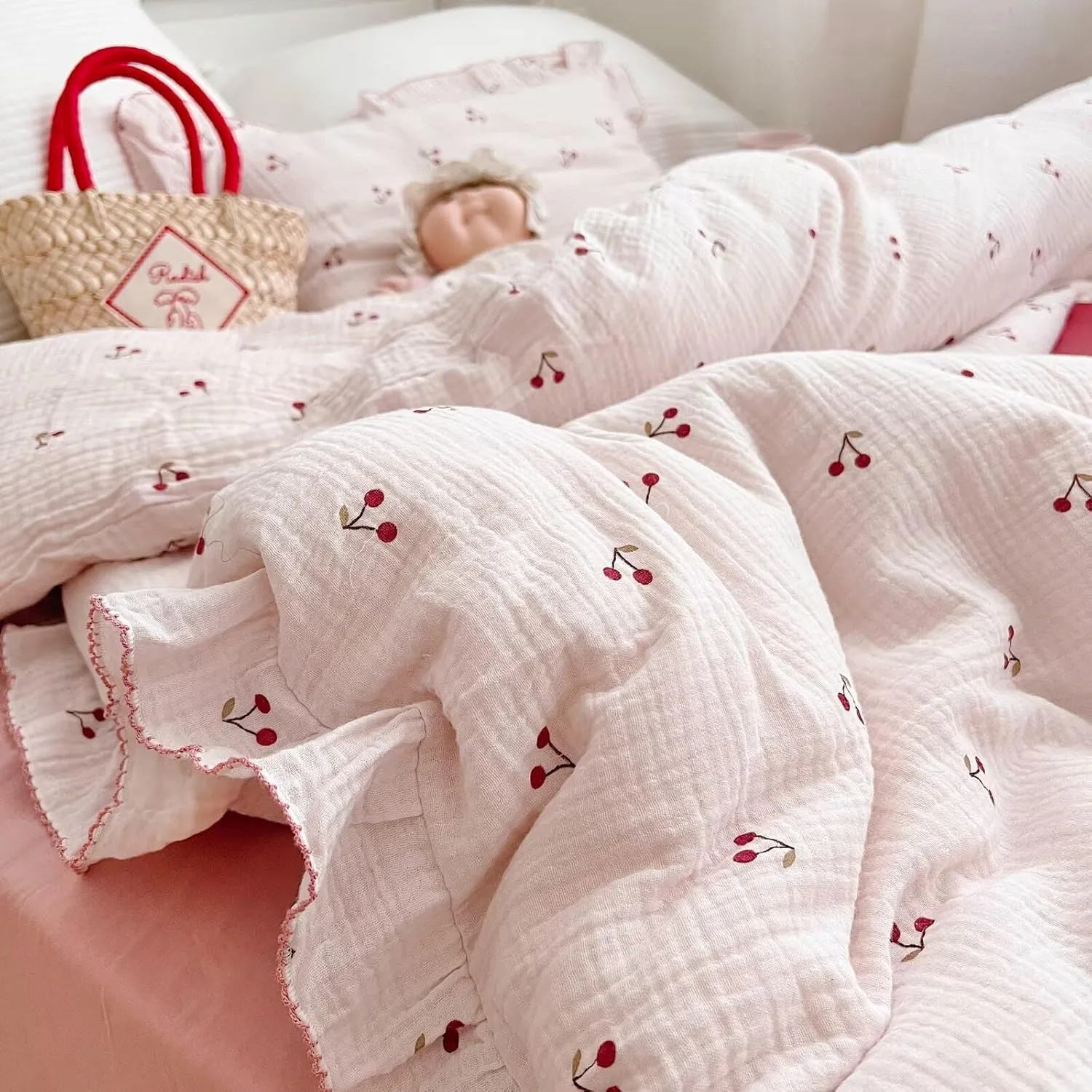 BuLuTu Crib Bedding Duvet Cover for Boys Girls Cotton Muslin Baby Crib Duvet Cover Nursery Bed Decoration Gift, 47"x59", Cherry Print (No Pillowcases)