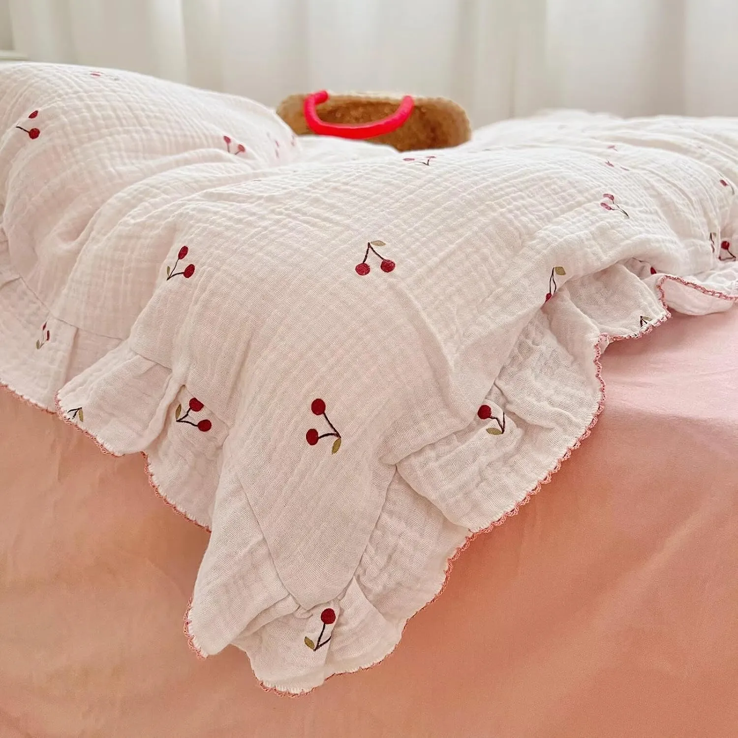 BuLuTu Crib Bedding Duvet Cover for Boys Girls Cotton Muslin Baby Crib Duvet Cover Nursery Bed Decoration Gift, 47"x59", Cherry Print (No Pillowcases)