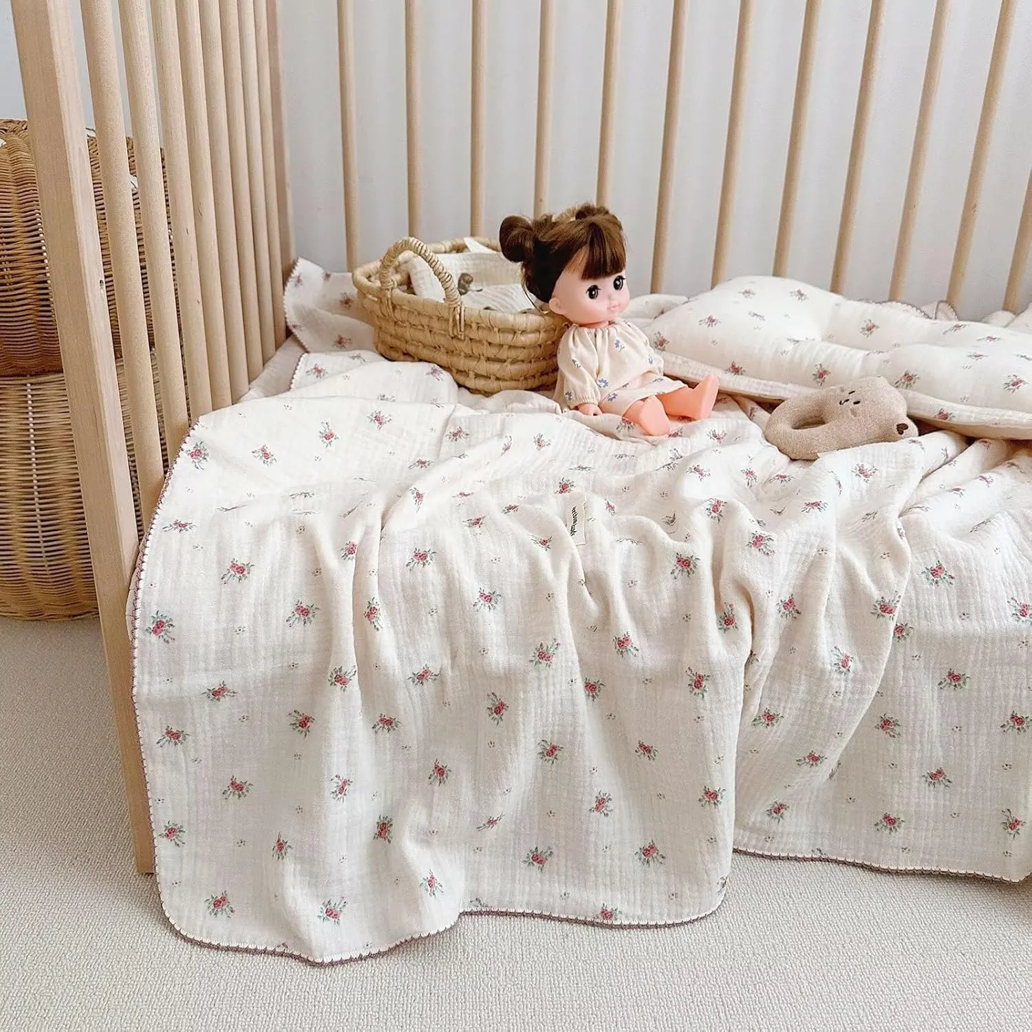 BuLuTu Toddler Blanket Muslin Cotton Baby Blanket Soft Nursery Bed Blankets Shabby Chic Crib Blanket Baby Boys Girls Swaddle Blankets,4-Layer Large Cotton Quilt Blankets,Berry Pattern,47"x51"