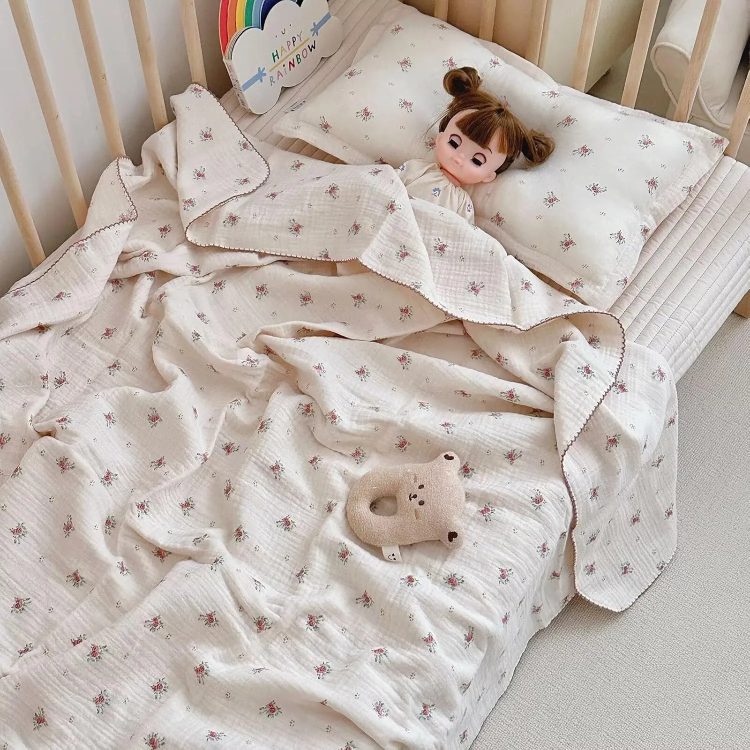 BuLuTu Toddler Blanket Muslin Cotton Baby Blanket Soft Nursery Bed Blankets Shabby Chic Crib Blanket Baby Boys Girls Swaddle Blankets,4-Layer Large Cotton Quilt Blankets,Berry Pattern,47"x51"