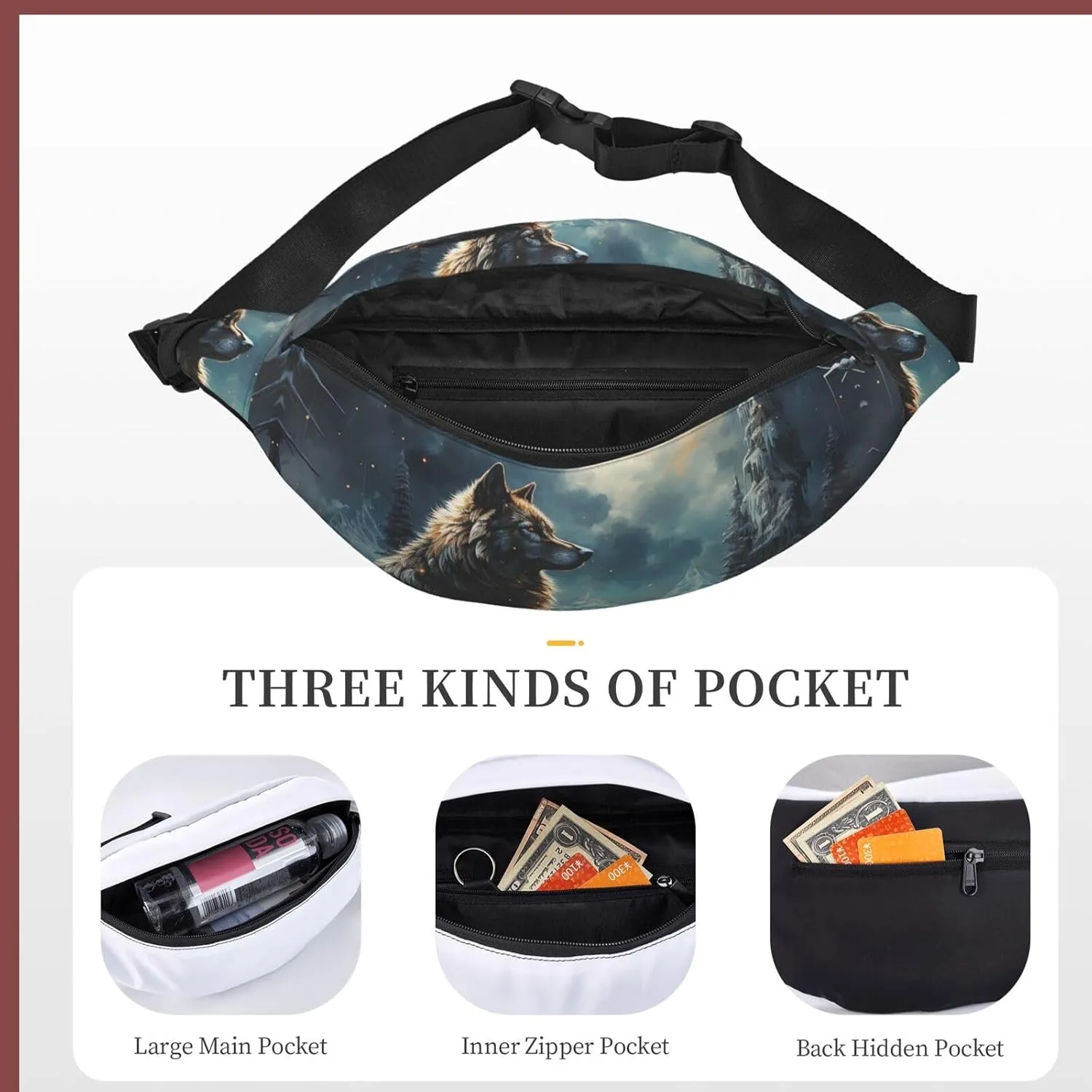 Bumbag Fanny Pack for Women Men Waist Pack Fashion Bum Bag Tiger Pattern Waist Bag for Sport Hiking Travel, Two Wolves, One Size