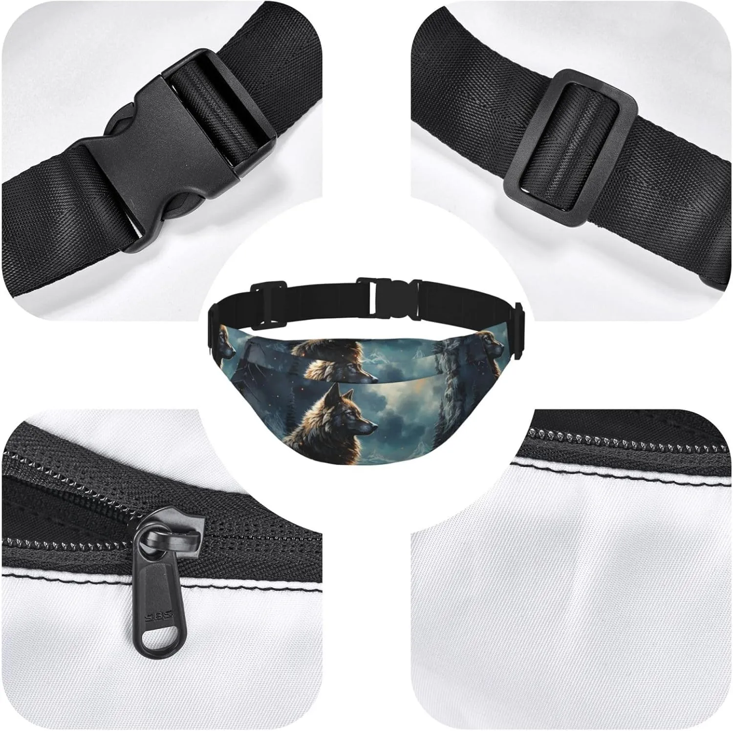 Bumbag Fanny Pack for Women Men Waist Pack Fashion Bum Bag Tiger Pattern Waist Bag for Sport Hiking Travel, Two Wolves, One Size