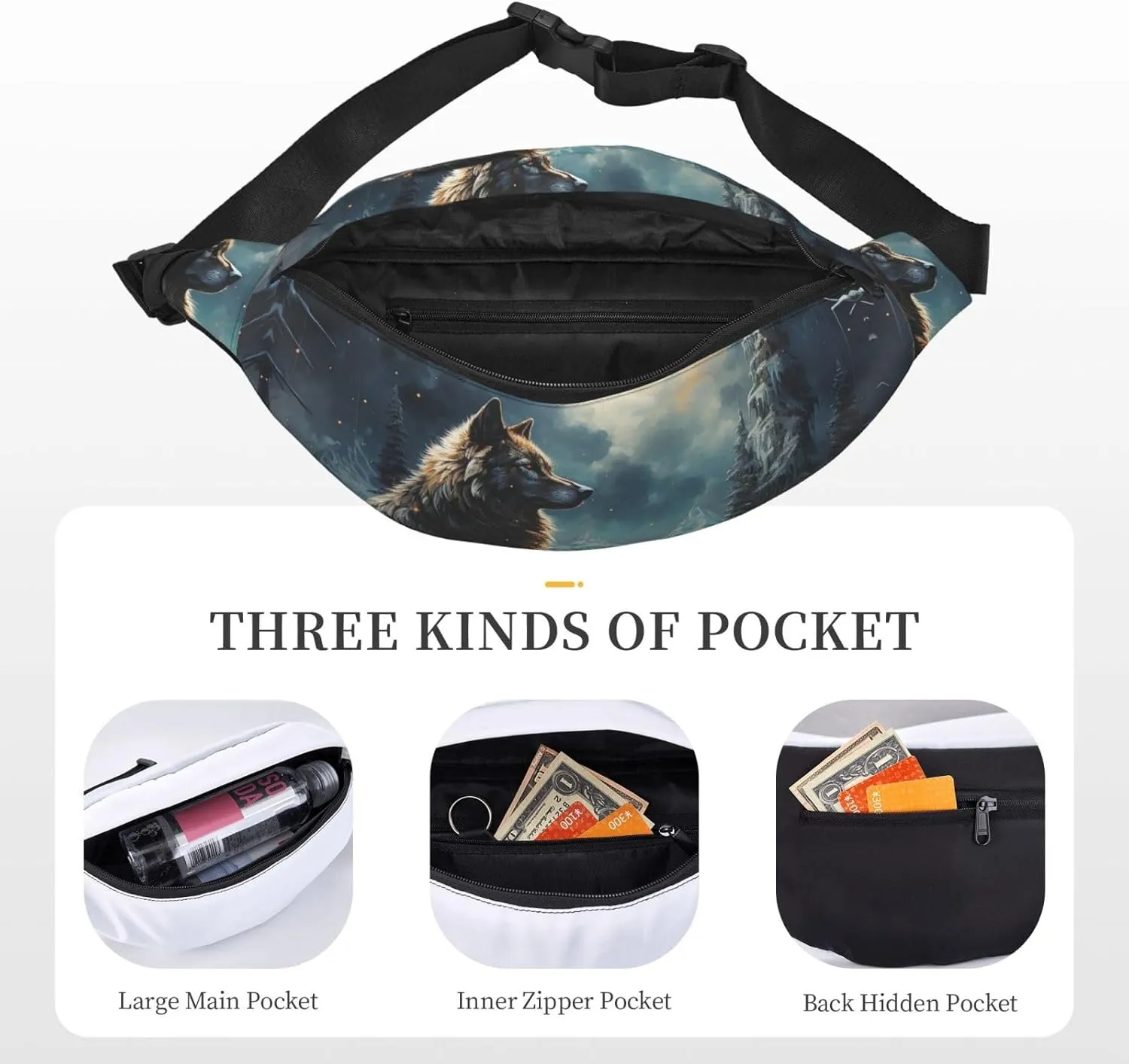 Bumbag Fanny Pack for Women Men Waist Pack Fashion Bum Bag Tiger Pattern Waist Bag for Sport Hiking Travel, Two Wolves, One Size