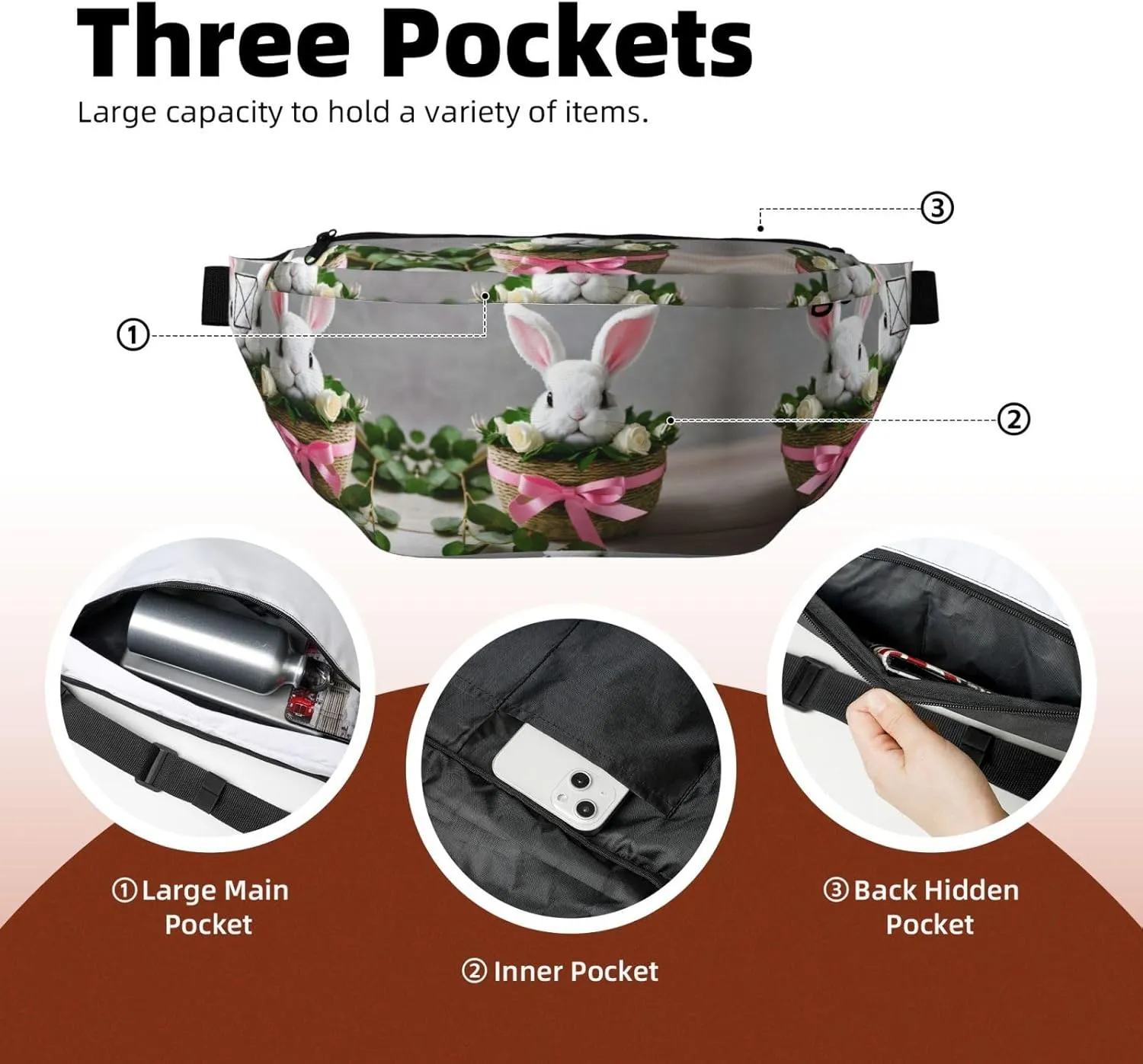 Bunny Rosette Multi-Purpose Fanny Pack and Crossbody Bag - High Capacity with Zipper Pockets, Ideal for Men and Women