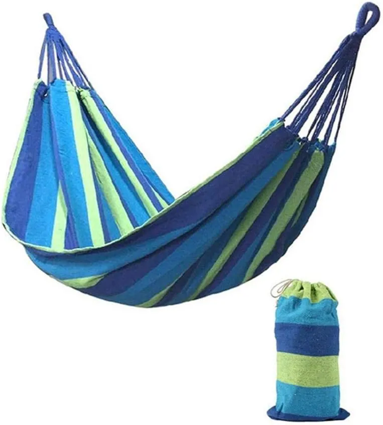 Camping Hunting Hammock Outdoor 28080Mm 2 Persons Striped Leisure Bed Thickened Canvas Hanging Bed Sleeping Swing Blue