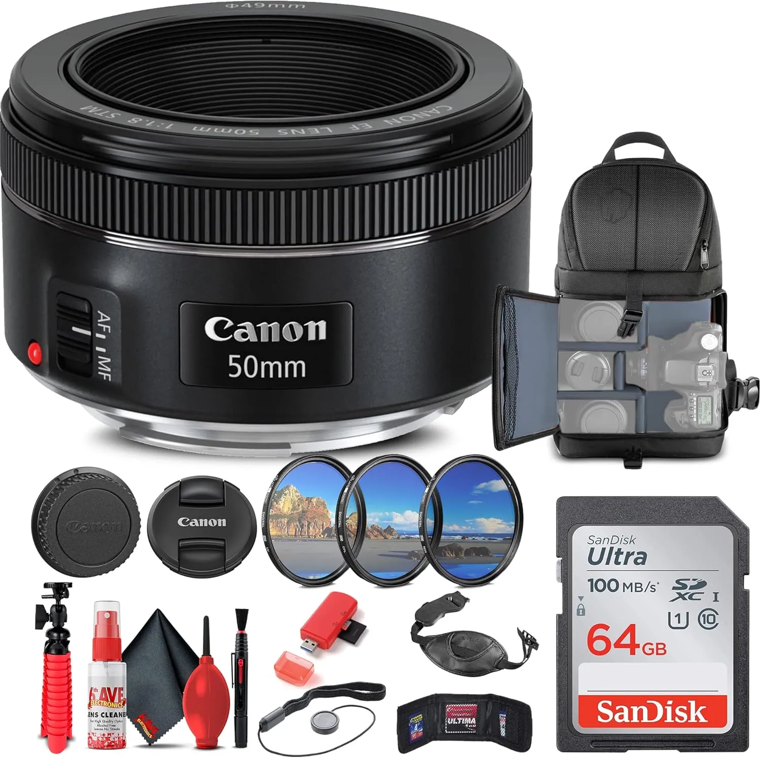 Canon EF 50mm f/1.8 STM Lens (0570C002)   Filter Kit   Backpack   64GB Card   Card Reader   Flex Tripod   Memory Wallet   Cap Keeper   Cleaning Kit   Hand Strap   More (Renewed)