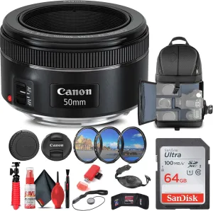 Canon EF 50mm f/1.8 STM Lens (0570C002)   Filter Kit   Backpack   64GB Card   Card Reader   Flex Tripod   Memory Wallet   Cap Keeper   Cleaning Kit   Hand Strap   More (Renewed)