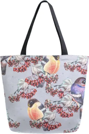 Canvas Tote Bag Ashberry Bullfinch Woman Beach Bag Winter Berries Gray Shoulder Bag School Had Bag Handbag Holiday Gift