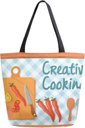 Canvas Tote Bag Creative Cooking Wooden Woman Beach Bag Pepper Spoon Plaid Shoulder Bag School Had Bag Handbag Holiday Gift