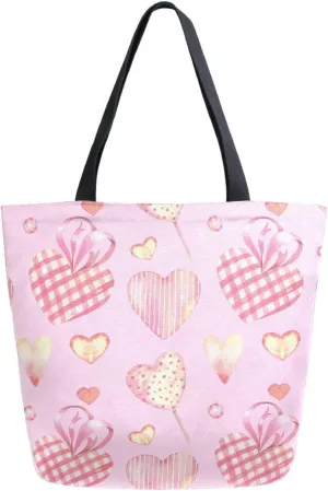 Canvas Tote Bag Cute Hearts Plaid Woman Beach Bag Pink Crown Garlands Shoulder Bag