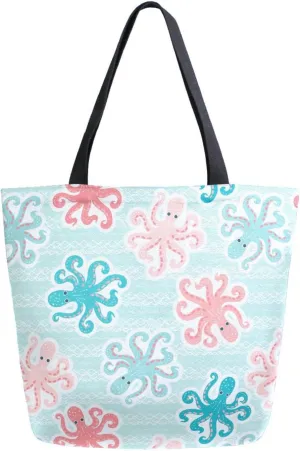Canvas Tote Bag Ethic Octopuses Women Shoulder Bag Blue Strips Summer Reusable Grocery Bags Large Handbag Travel Shopping Bag for School Nursing Gift Outdoors