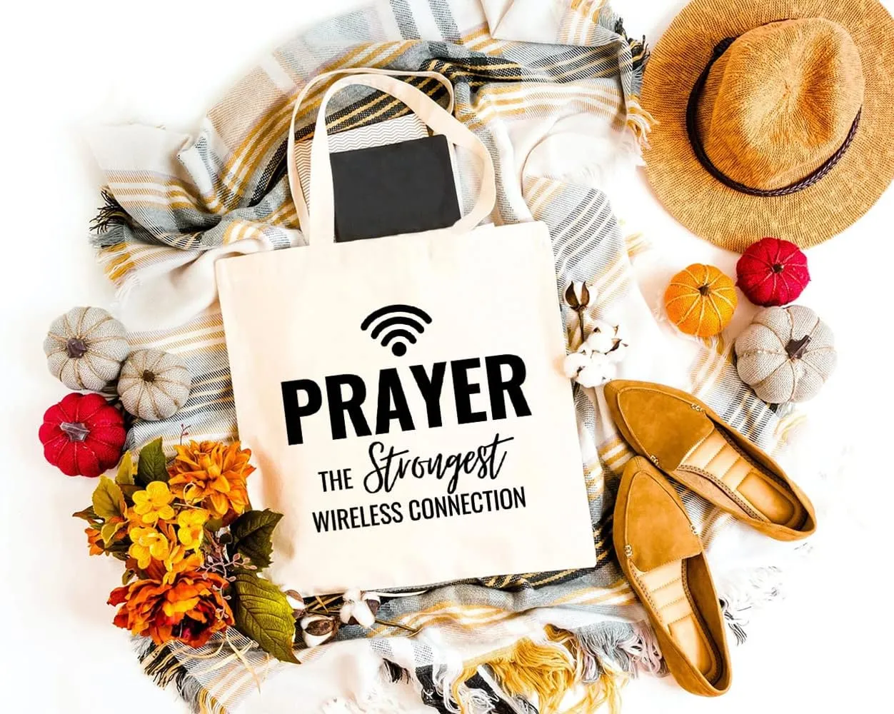 Canvas Tote Bag for Women Grocery Shoulder Shopping Bags Christian Gift Prayer The Strongest Wireless Connection