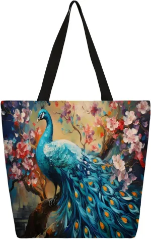 Canvas Tote Bag for Women Heavy Duty Canvas Bag Retro Peacock Beach Bags Reusable Grocery Shopping Bags Tote Bag Gym Shoulder Bag with Inner Pocket