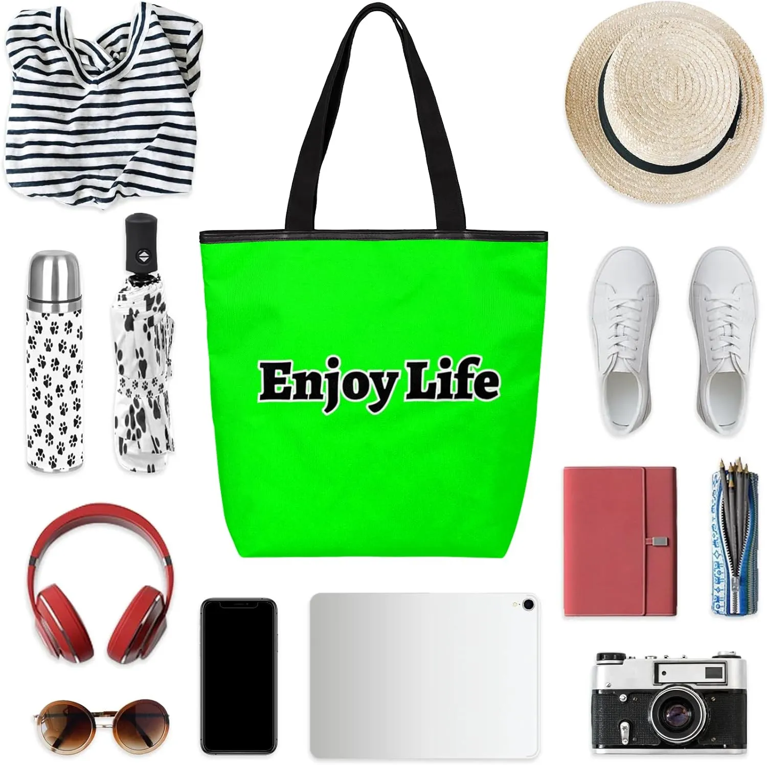 Canvas Tote Bag for Women Men Enjoy Life, Grey Canvas Handbag Shoulder Tote Bag