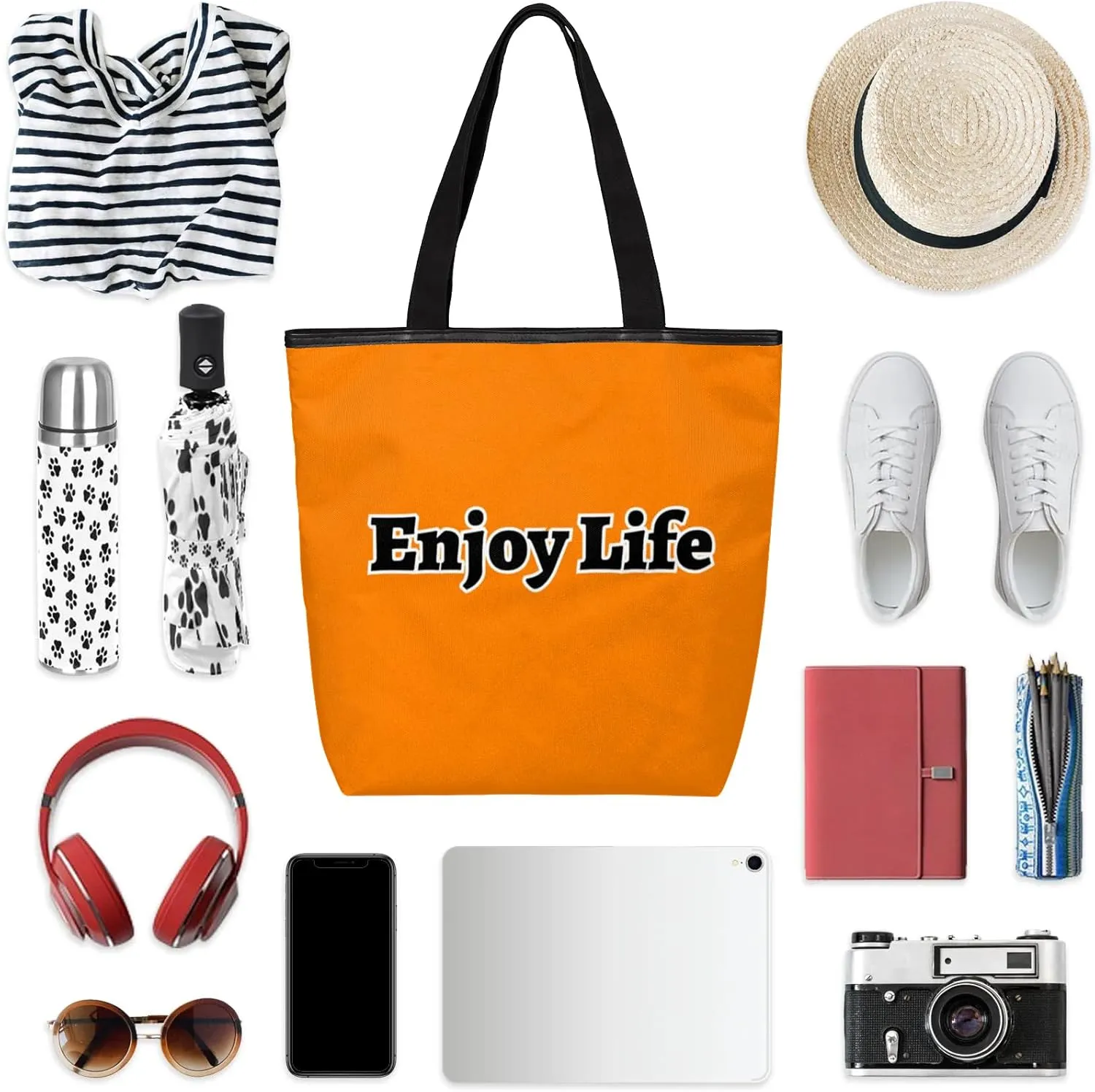 Canvas Tote Bag for Women Men Enjoy Life, Grey Canvas Handbag Shoulder Tote Bag