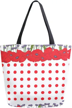 Canvas Tote Bag Lavender Poppies Woman Beach Bag Summer Red Dots Shoulder Bag School Had Bag Handbag Holiday Gift