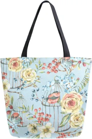 Canvas Tote Bag Natural Floral Birds Woman Beach Bag White Rose Wildflowers Berries Leaves Shoulder Bag School Had Bag Handbag Holiday Gift