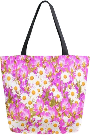Canvas Tote Bag Natural Floral Daisy Woman Beach Bag Spring Summer Pink Flowers Shoulder Bag School Had Bag Handbag Holiday Gift
