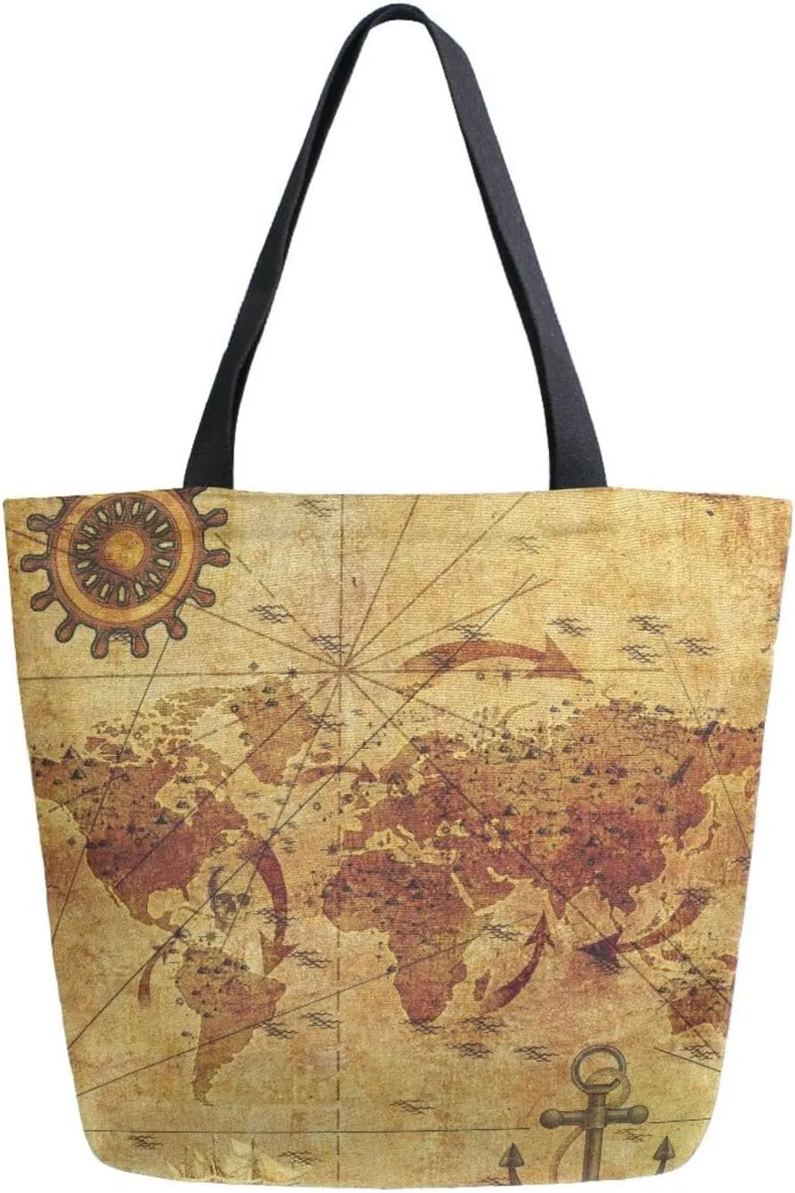 Canvas Tote Bag Old World Map Woman Beach Bag Retro Anchor Wheel Shoulder Bag School Had Bag Handbag Holiday Gift