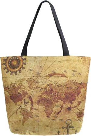 Canvas Tote Bag Old World Map Woman Beach Bag Retro Anchor Wheel Shoulder Bag School Had Bag Handbag Holiday Gift