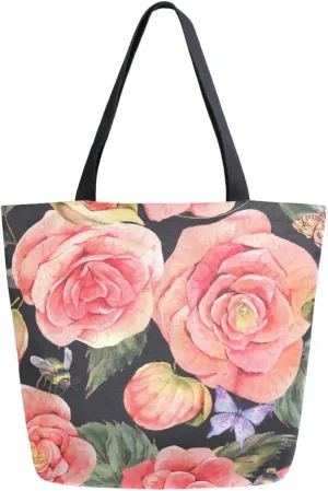 Canvas Tote Bag Vintage Summ Begonia Flowers Woman Beach Bag Watercolor Butterfly Bees Shoulder Bag School Had Bag Handbag Holiday Gift