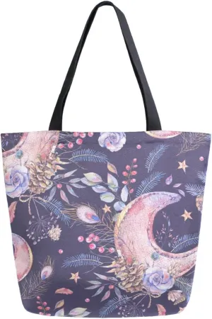 Canvas Tote Bag Watercolor Vintage Moon Roses Woman Beach Bag Cones Spruce Branches Shoulder Bag School Had Bag Handbag Holiday Gift