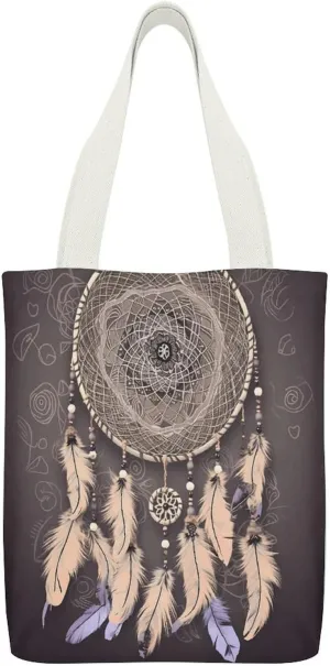 Canvas Tote Bags Dream Catcher Print Reusable Grocery Bag Lightweight Shopping Handbag with Internal Pocket Double-sided Pattern