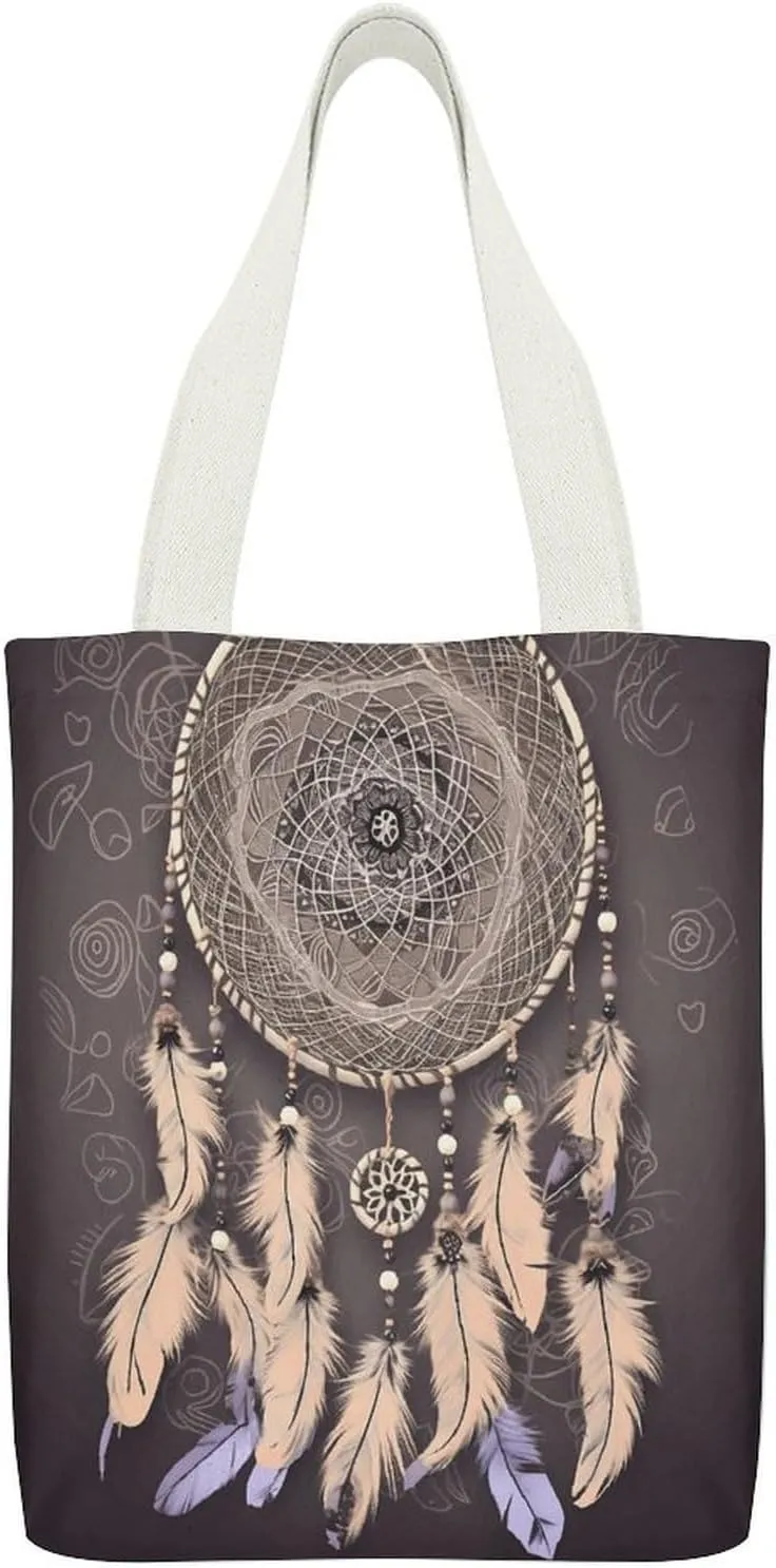 Canvas Tote Bags Dream Catcher Print Reusable Grocery Bag Lightweight Shopping Handbag with Internal Pocket Double-sided Pattern