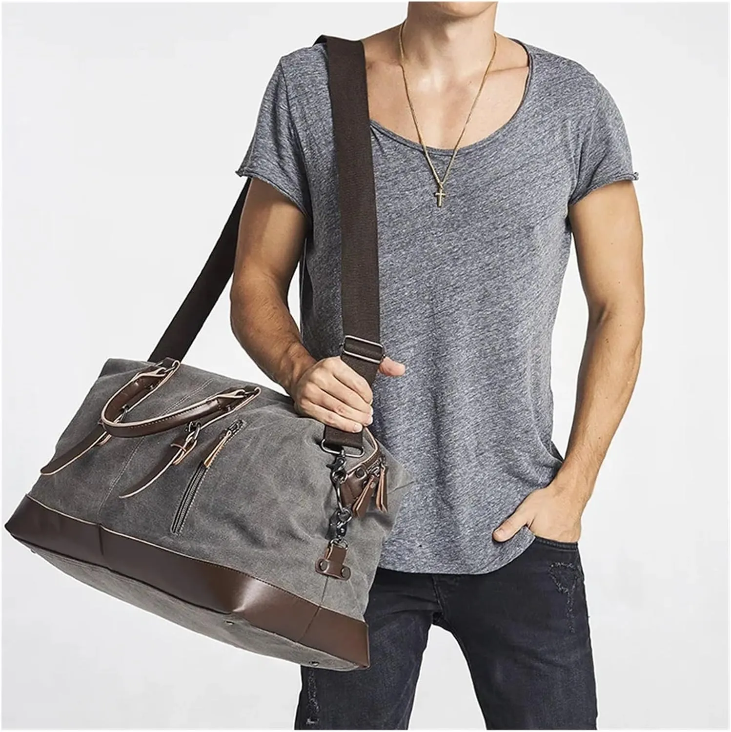 Canvas Travel Bag Men PU Leather Outdoor Luggage Travel Fitness Photography Bag Large Capacity Handbag Backpack(Dark Blue)