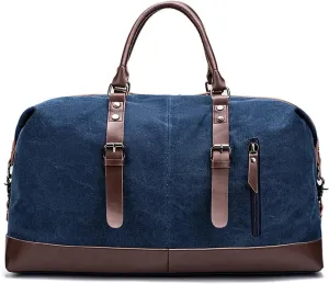 Canvas Travel Bag Men PU Leather Outdoor Luggage Travel Fitness Photography Bag Large Capacity Handbag Backpack(Dark Blue)