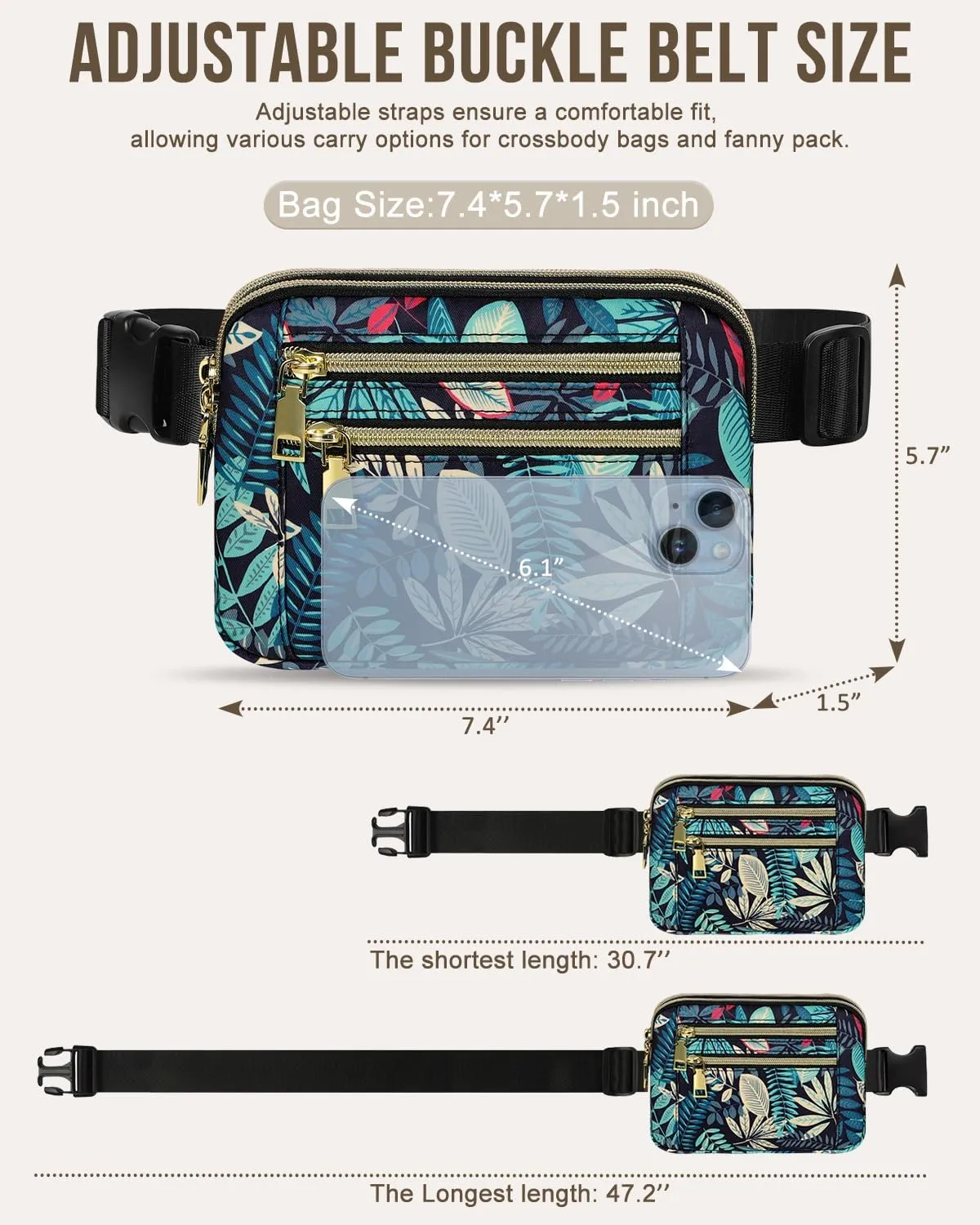 Capolo Fanny Packs for Women Fashion Waist Packs Bag with Adjustable Strap and 4 Zipper Pockets Waterproof Everywhere Crossbody Belt Bag for Workout Running Travelling(Blue Leaves)