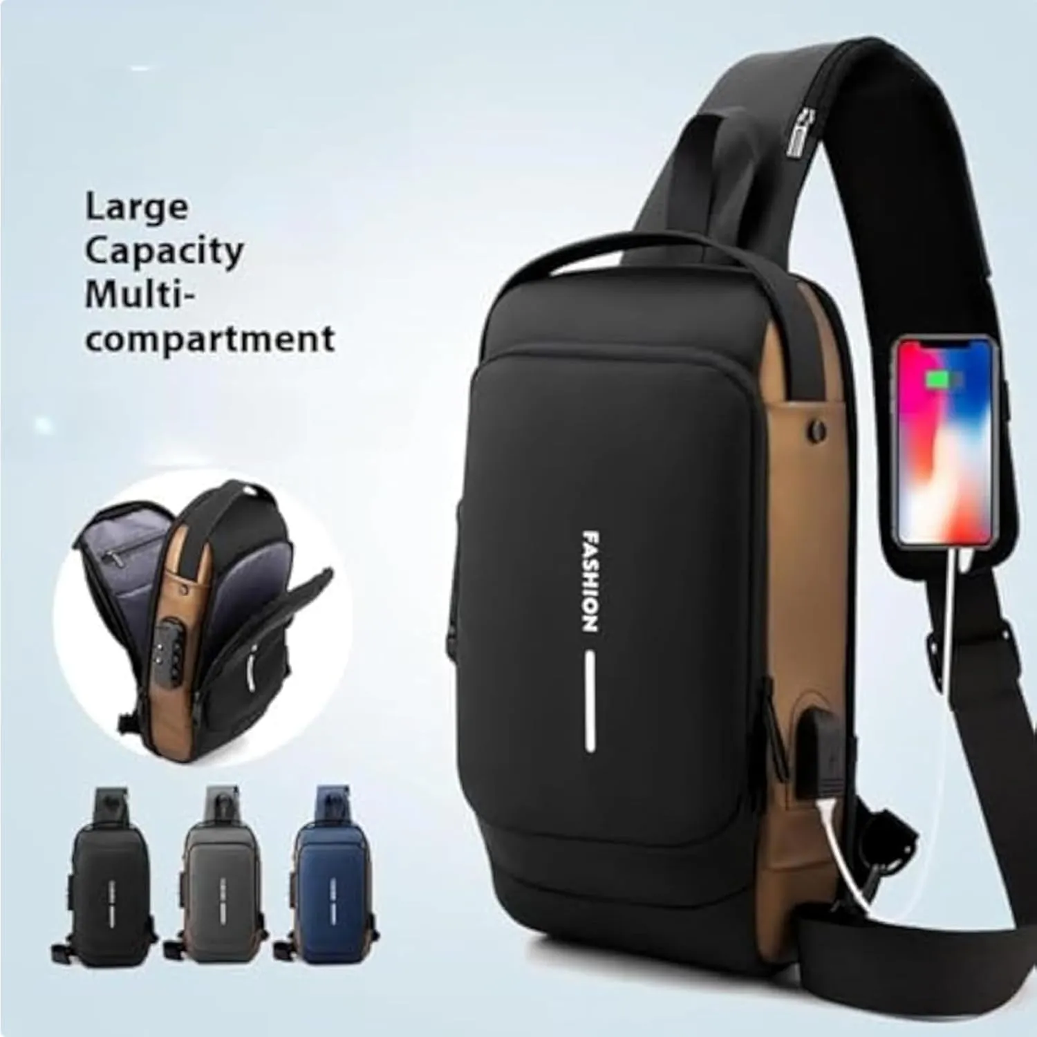 Carbon Fiber Streamline Anti-theft Sling Bag, USB Charging Sport Sling, Sport Waterproof Shoulder Bag, for Travel Gym Sports (2black)