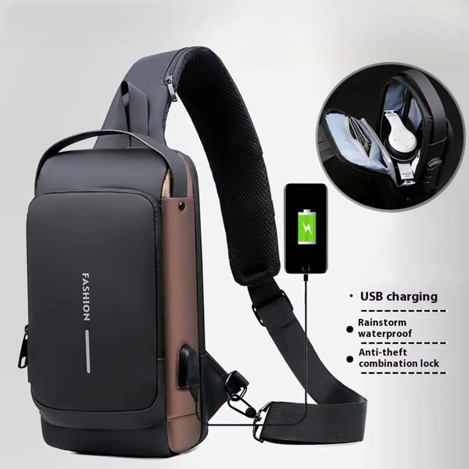 Carbon Fiber Streamline Anti-Theft Sling Bag, USB Charging Waterproof Crossbody Backpack with Combination Lock, Travel ﻿ ﻿ (Black gold)