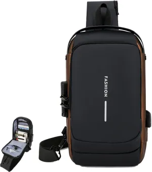Carbon Fiber Streamline Anti-Theft Sling Bag, USB Charging Waterproof Crossbody Backpack with Combination Lock, Travel ﻿ ﻿ (Black gold)