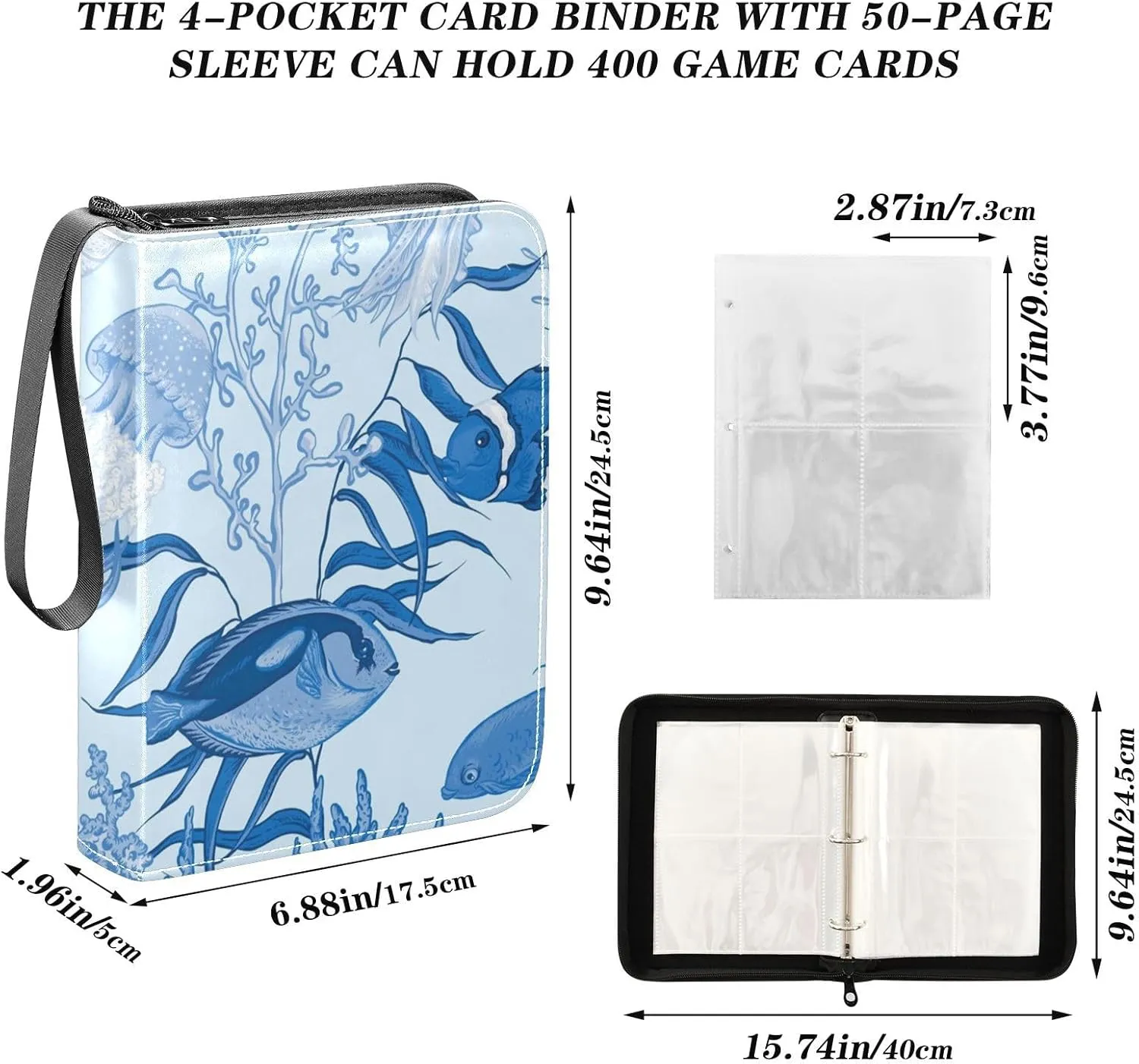 Card Binder 4 Pocket Trading Card Binder Holds 400 Cards with 50 Removable Sleeves for Boys Girls Game Cards Sports Cards Sea Fish Blue